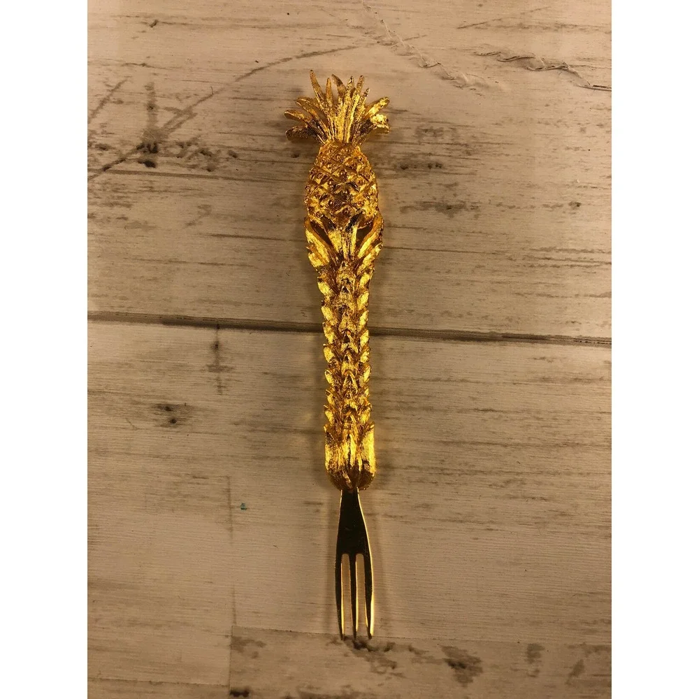 Janis Collection 24K Gold Plated Pineapple Appetizer Fork Set of 6 Vintage Boxed